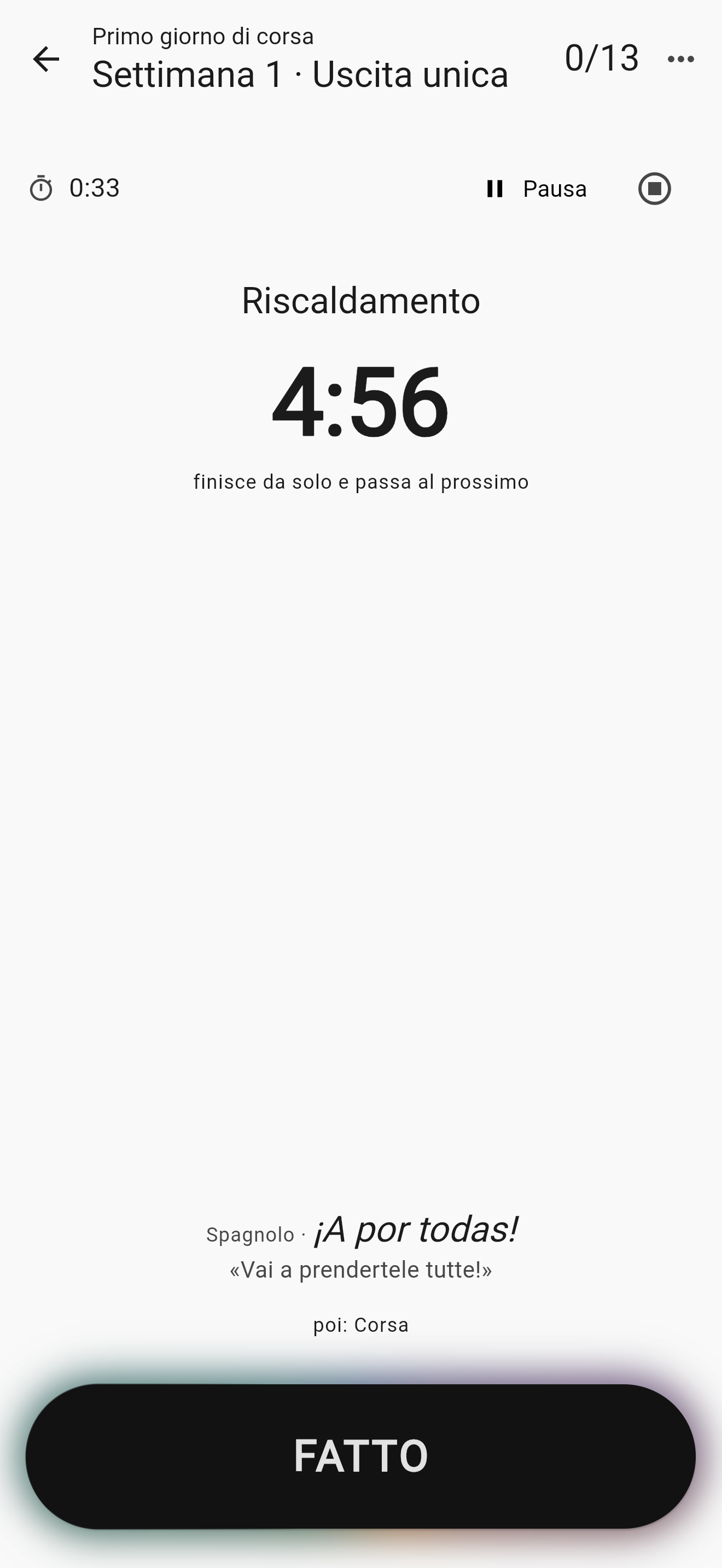 Un blocco a tempo in esecuzione: il nome dell'esercizio, il tempo che scorre e il tasto FATTO in fondo.