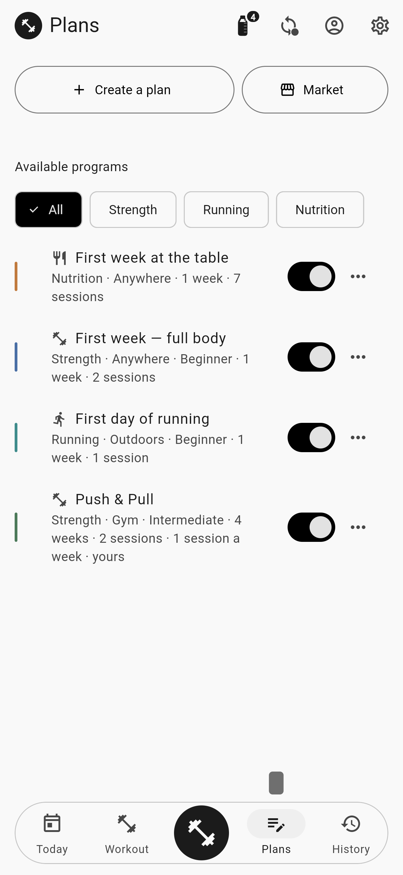 The Plans screen: the «Create a plan» and «Market» buttons on top, the type filters, and four programs switched on — nutrition, strength, running and a Push & Pull marked «yours» — each with its own switch.