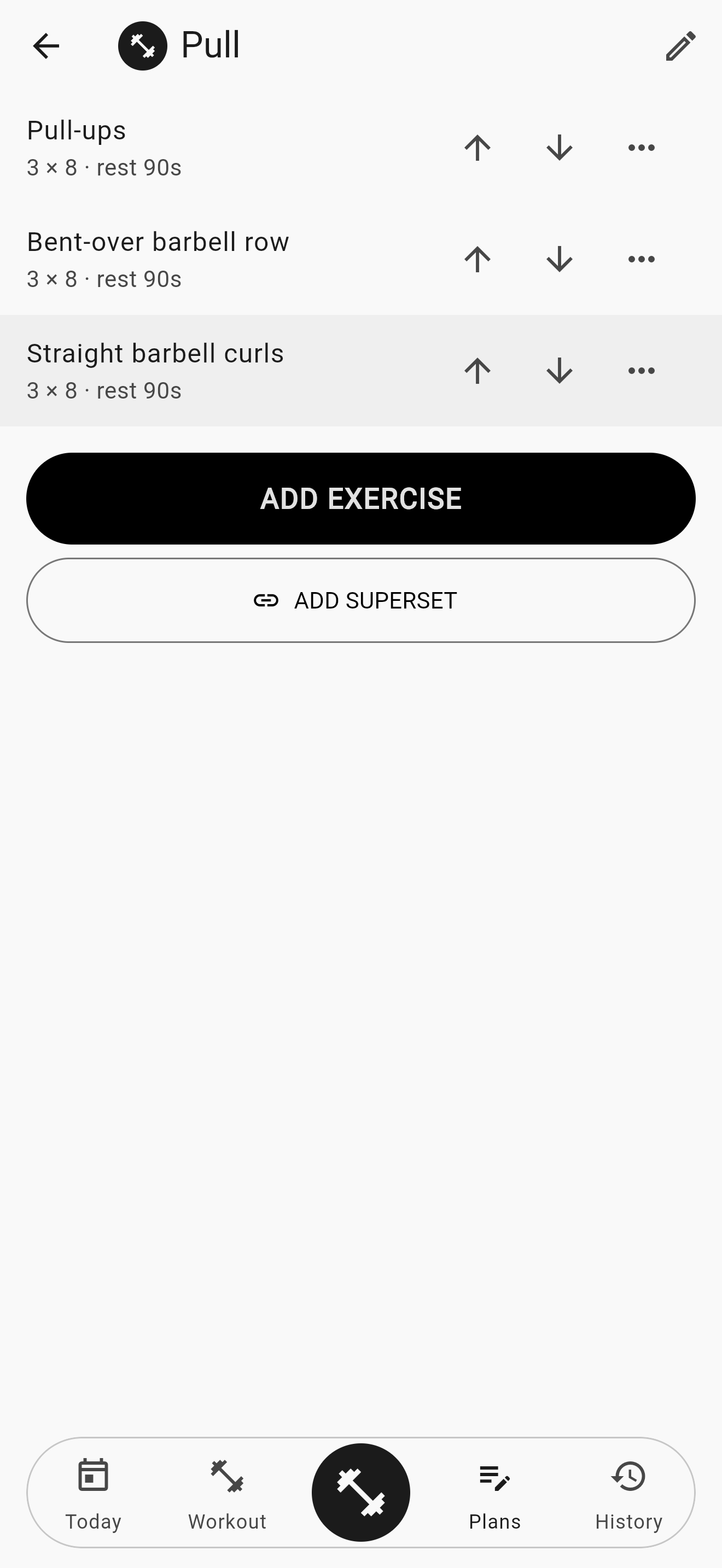 The editor of a strength session called «Pull»: three exercises in a row — pull-ups, bent-over barbell row and straight barbell curls —, each with «3 × 8 · rest 90s» under its name and the arrows to move it up and down, and at the bottom the ADD EXERCISE and ADD SUPERSET buttons.